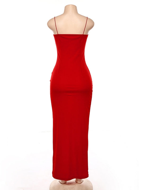 Women Party Dresses Red Strap Neck Sleeveless Split Front Lycra Spandex  Long Semi Formal Dress – TD Mercado