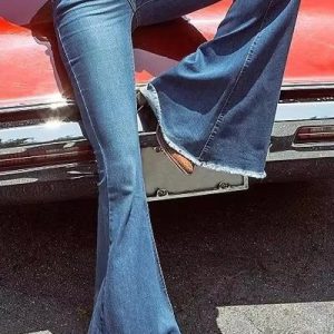 Casual Raised Bell Bottoms Zipper Fly Button Pants