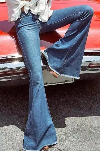 Casual Raised Bell Bottoms Zipper Fly Button Pants