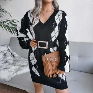 Knitted Beautiful Plaid V-Neck Long Sleeves Acrylic Dresses