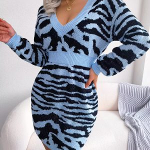 Knitted Pretty Long Sleeves V-Neck Sweater Dresses