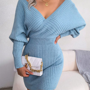 Women's Knitted Dress Beautiful Acrylic Long Sleeves V-Neck Winter Dresses