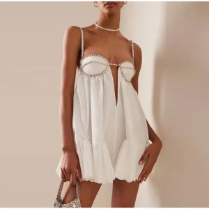 Backless Diamond Drawstring Square Collar Solid Color Mini Party Dress