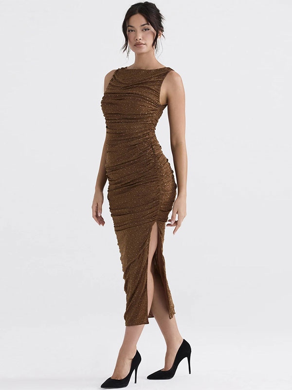 Bodycon Dresses Coffee Brown Jewel Neck Split Front Layered Chic Sleeveless Pencil Dress - Image 4