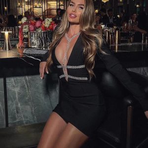 Elegant V-Neck Diamond ChainLong Sleeves Mini Dress