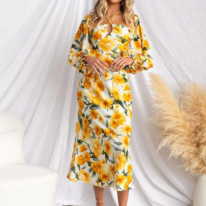 Floral Dress Midi Dress Floral Print Long Sleeves Halter Elegant Pleated Zipper No Open Seam Medium Fall