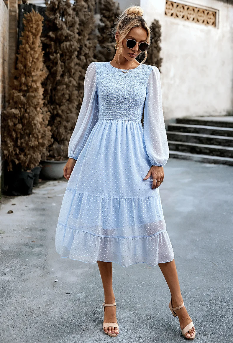 Pleated Layered Jewel Neck Long Sleeves Midi Dress - Image 9