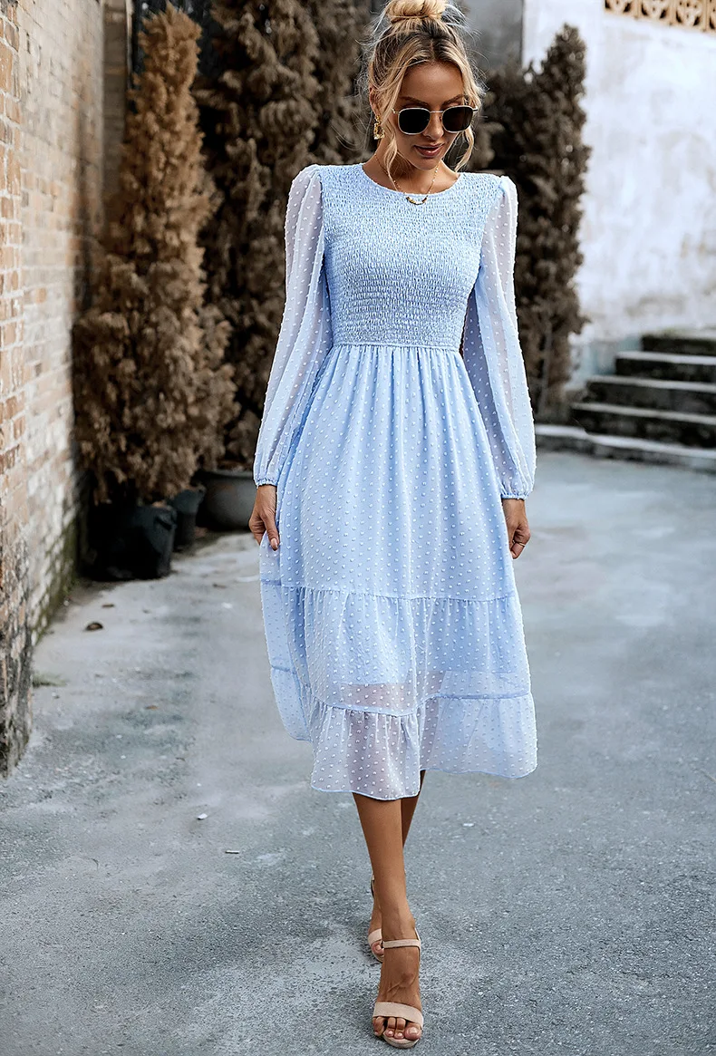 Pleated Layered Jewel Neck Long Sleeves Midi Dress - Image 10