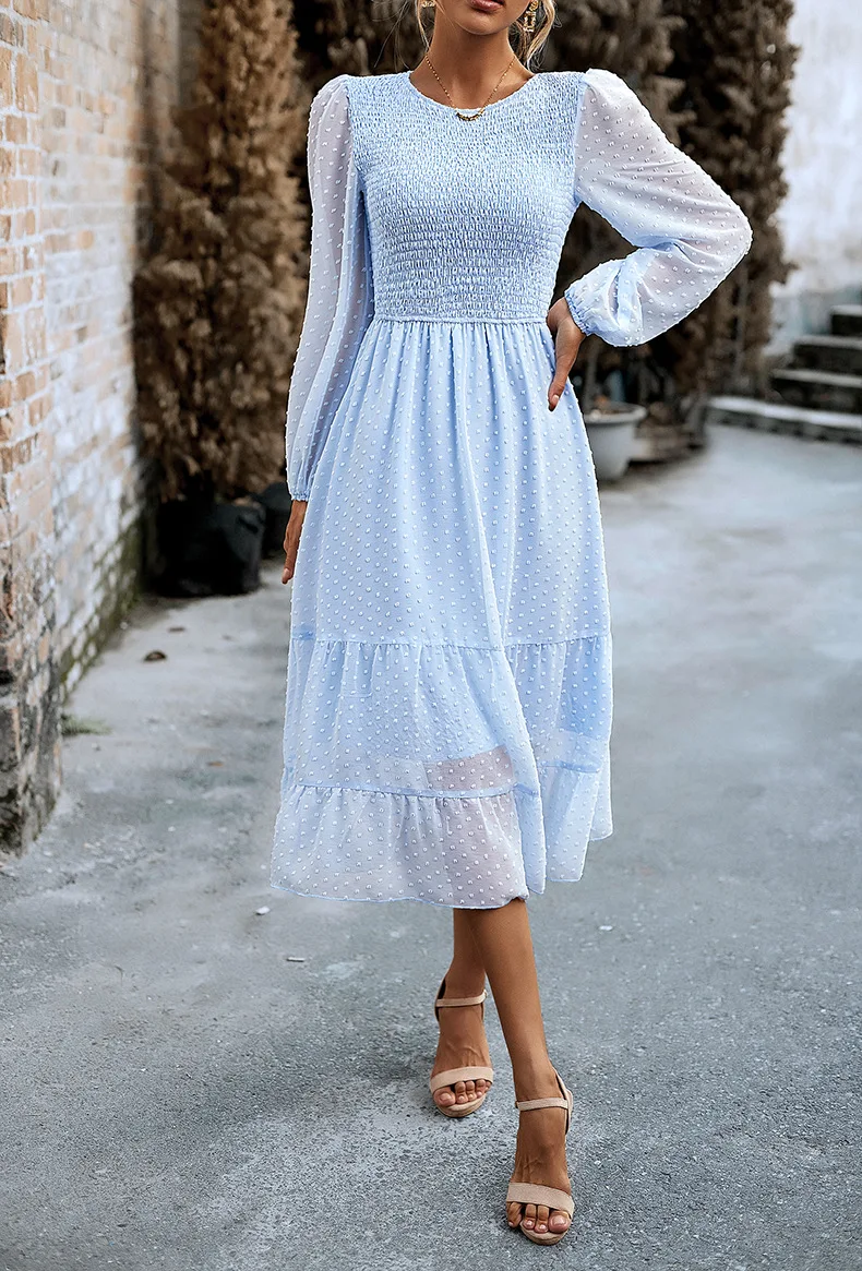 Pleated Layered Jewel Neck Long Sleeves Midi Dress - Image 11