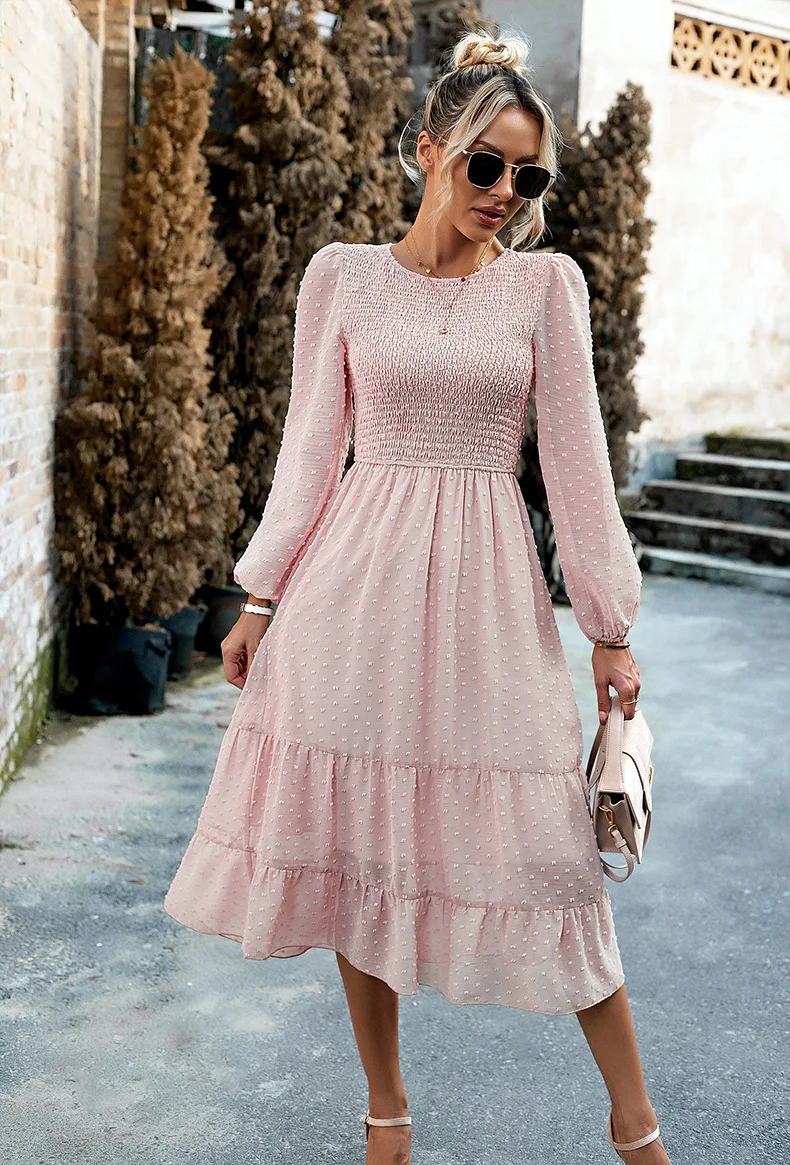 Pleated Layered Jewel Neck Long Sleeves Midi Dress - Image 8