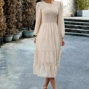 Pleated Layered Jewel Neck Long Sleeves Midi Dress