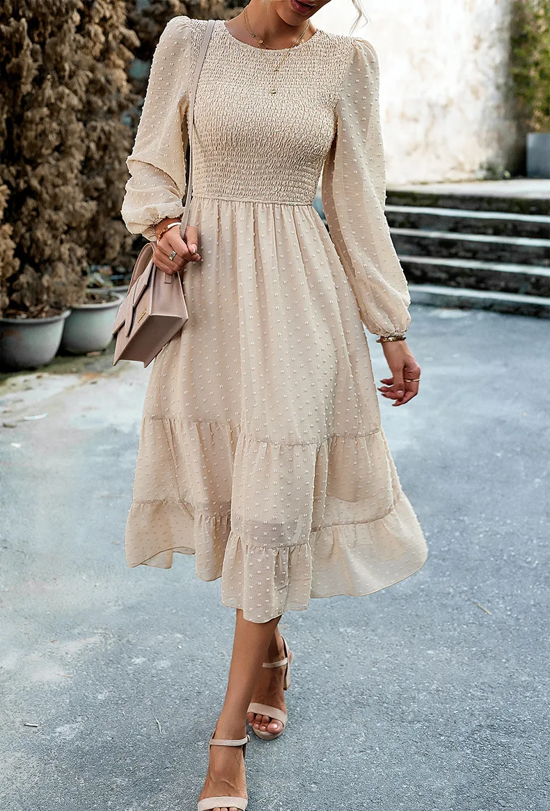 Pleated Layered Jewel Neck Long Sleeves Midi Dress - Image 3