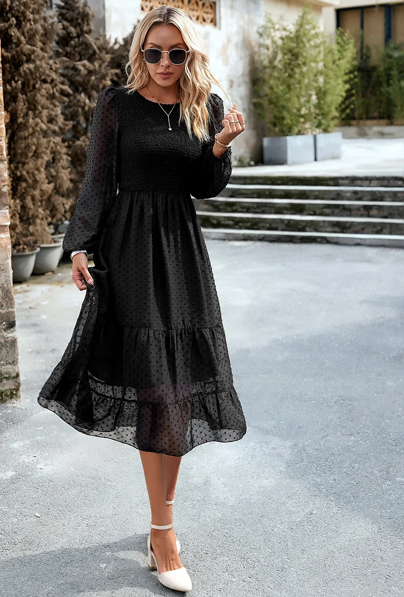 Pleated Layered Jewel Neck Long Sleeves Midi Dress - Image 4