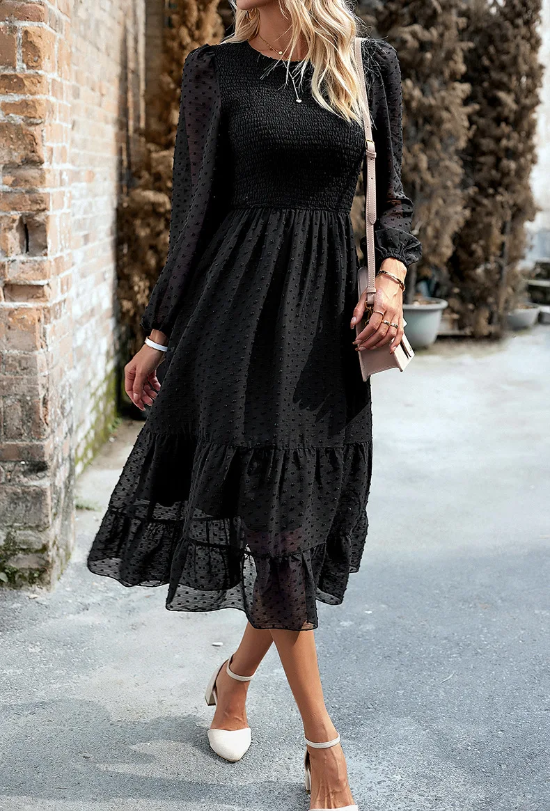 Pleated Layered Jewel Neck Long Sleeves Midi Dress - Image 5