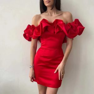 Ruffles Slash Neck Bodycon Streetwear Backless Strapless Mini Evening Dresses