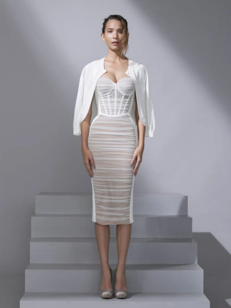 Sleeveless Pleated Straps Neck Layered Sheath Bodycon Dress