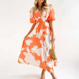 Summer Dress V-Neck Floral Print Rose Long Beach Dress