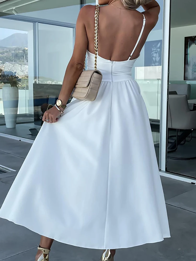 V-Neck Pleated Rose Medium Beach Dress - Image 3