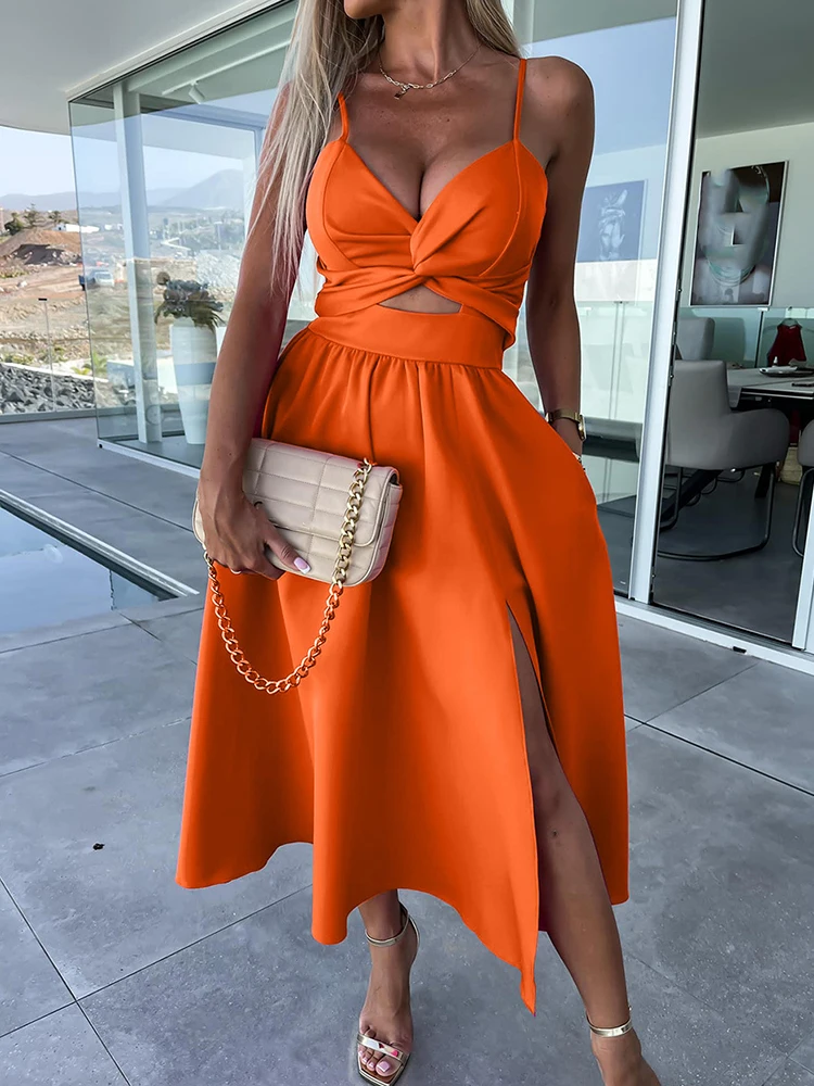 V-Neck Pleated Rose Medium Beach Dress - Image 6