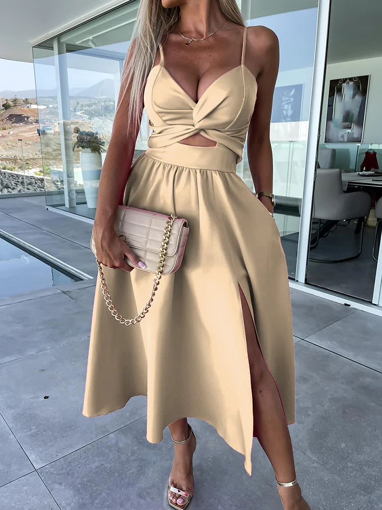 V-Neck Pleated Rose Medium Beach Dress - Image 7