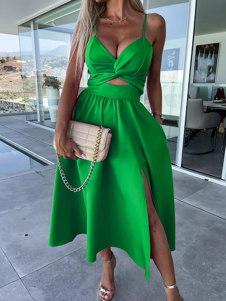 V-Neck Pleated Rose Medium Beach Dress - Image 8