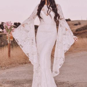 Boho Wedding Dress With Court Train White Jewel Neck Long Sleeve Lace Bridal Dress Long Hippie Bridal Gowns Free Customization