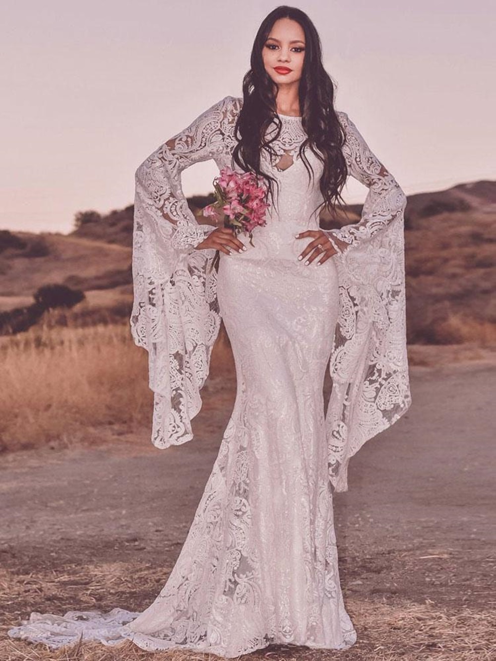 Boho Wedding Dress With Court Train White Jewel Neck Long Sleeve Lace Bridal Dress Long Hippie Bridal Gowns Free Customization - Image 2