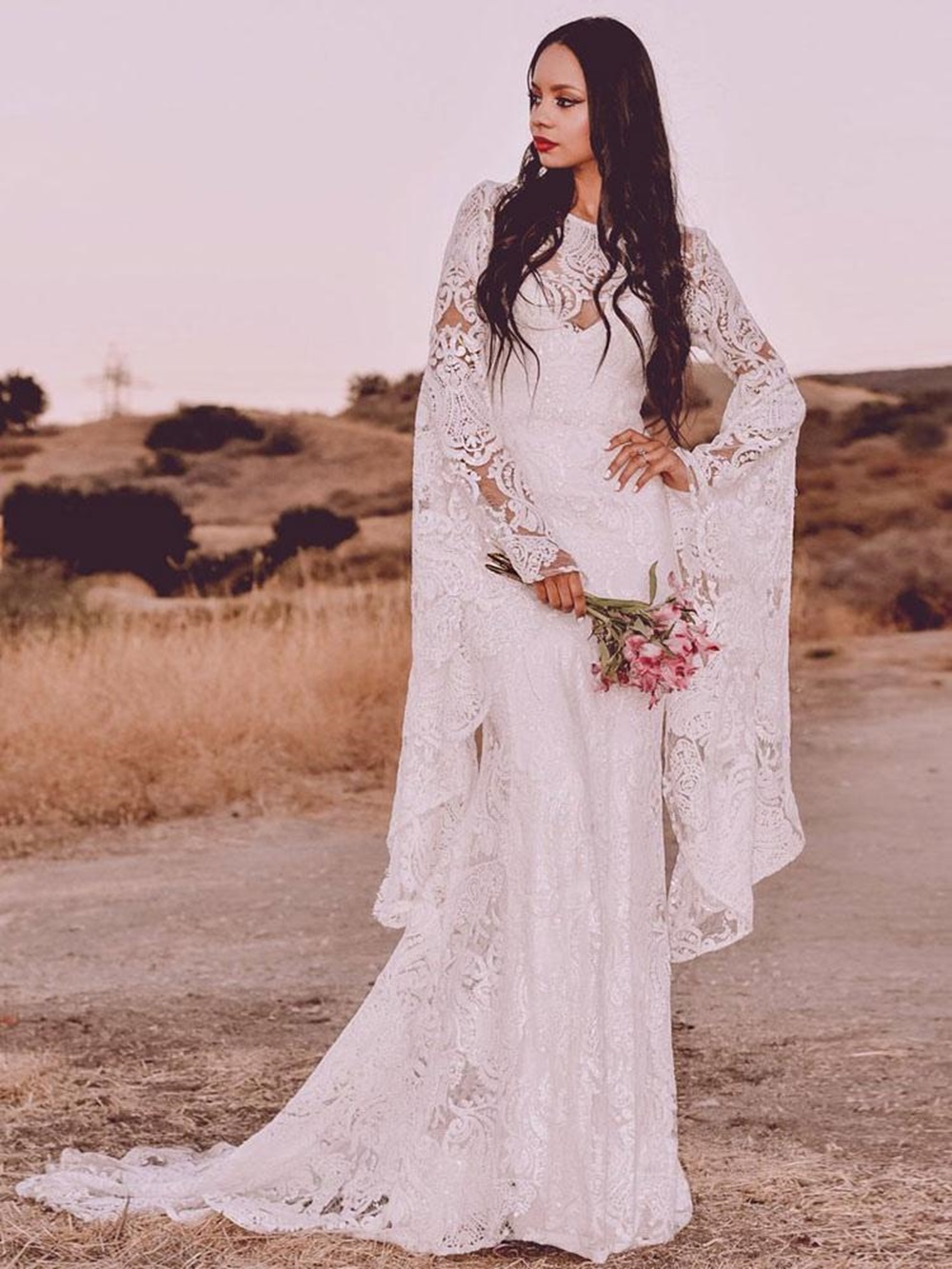 Boho Wedding Dress With Court Train White Jewel Neck Long Sleeve Lace Bridal Dress Long Hippie Bridal Gowns Free Customization - Image 4