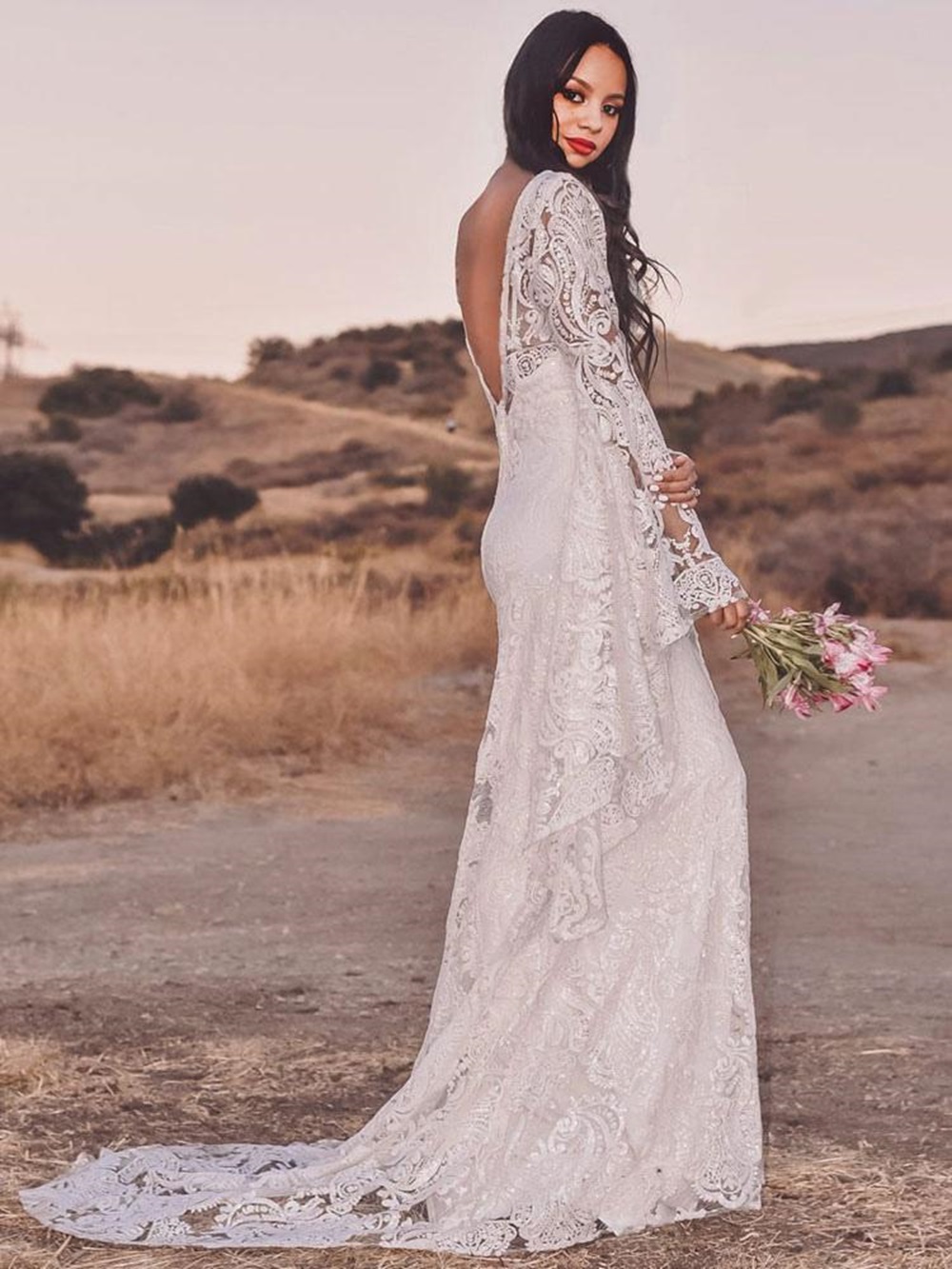 Boho Wedding Dress With Court Train White Jewel Neck Long Sleeve Lace Bridal Dress Long Hippie Bridal Gowns Free Customization - Image 8