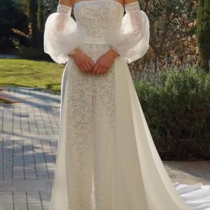 Bridal Jumpsuit Satin Fabric Lace Court Train Jumpsuit Strapless Sleeveless Raised Waist Ivory