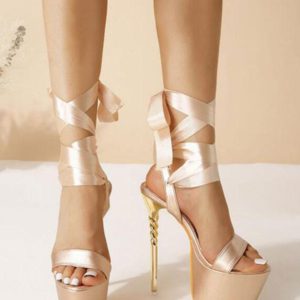 High Heel Sandals Champagne Satin Open Toe Shoes