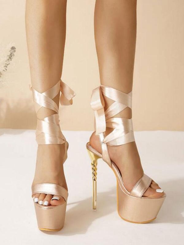 High Heel Sandals Champagne Satin Open Toe Shoes-1