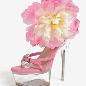 Sandals For Woman Pink PU Leather Peep Toe Flowers Shoes