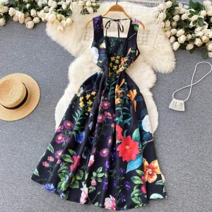 Floral Print Dress Sleeveless Square Collar Mid-Calf Rainbow Jurk A-LINE Dresses Empire
