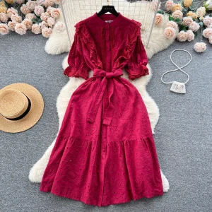 Frenchic Court Style Summer Dress Ruffles Crochet Hollow Out Puff Sleeve
