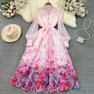 Maxi Dresses for Women Floral Print Lantern Sleeve Female Elegant