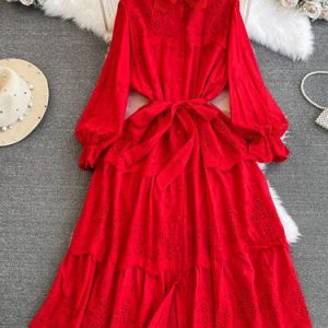 Maxi Dresses for Women Ruffles Turn Down Collar Lace-up Hollow Out