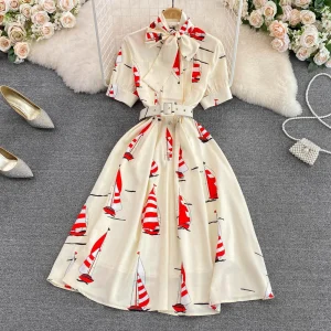 Scarf Collar Dress for Women Floral Print Short Sleeve Ladies Belt Dresses