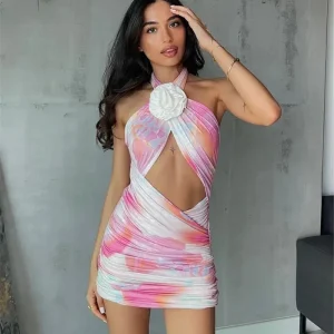 3D Flower Print Mini Dress Hollow Out Sleeveless Backless Bodycon Club Party Dress Vestidos