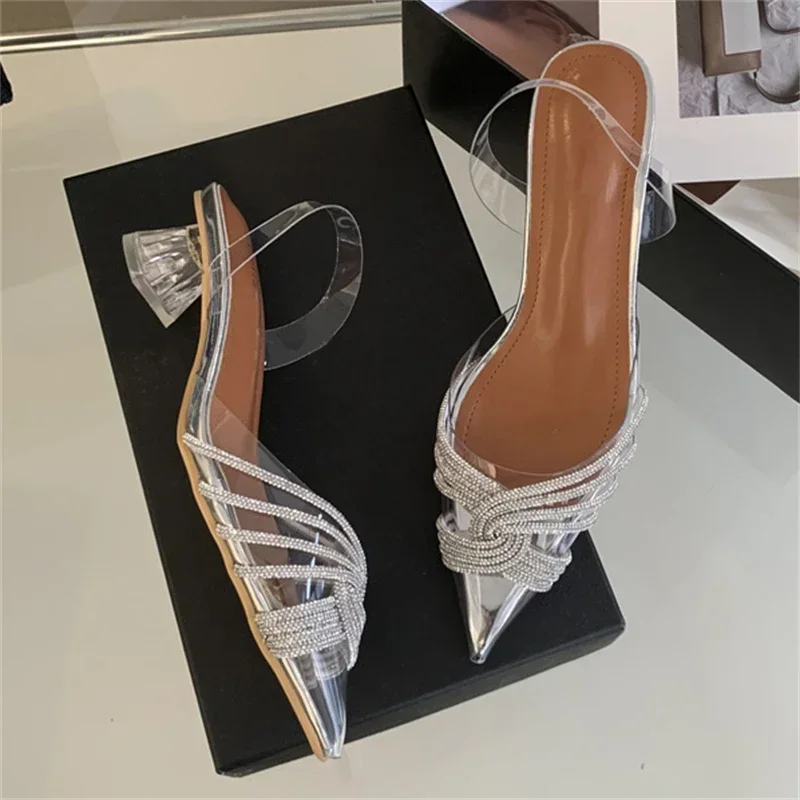 Fashion Slingbacks Pointed Toe Pumps Luxury Design Style Crystal PVC Clear Low Heels Party Shoe - Image 3