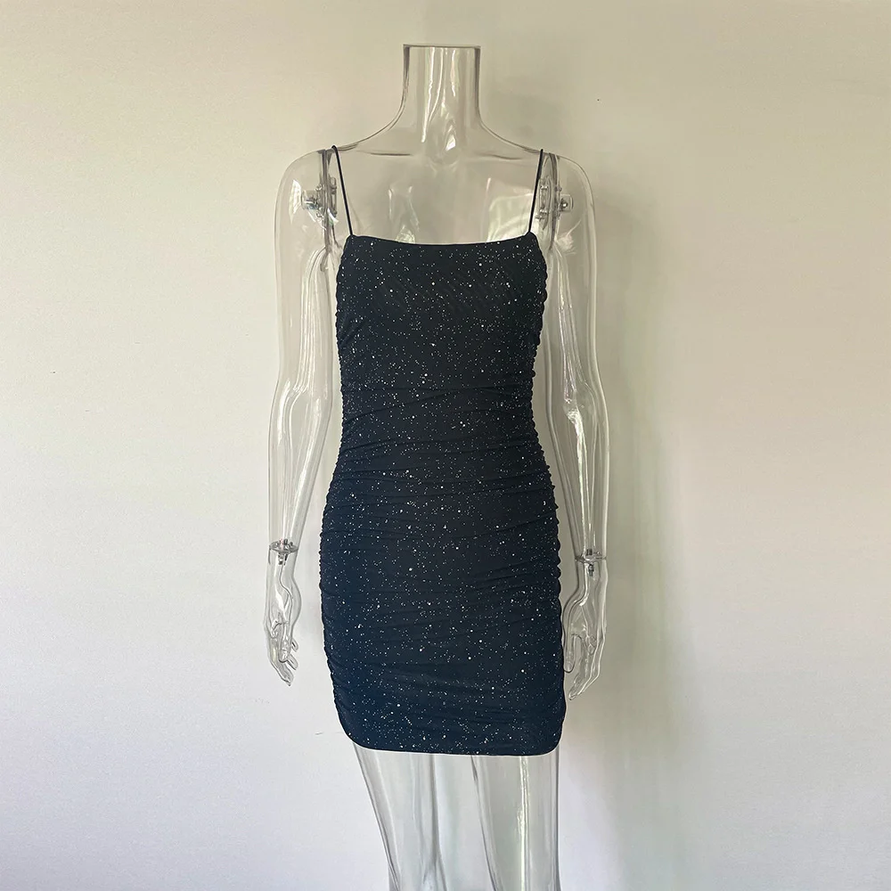 Sequins Backless Mini Dress Robe Spaghetti Strap Sleeveless Ruched Party Short Dress Vestido - Image 12