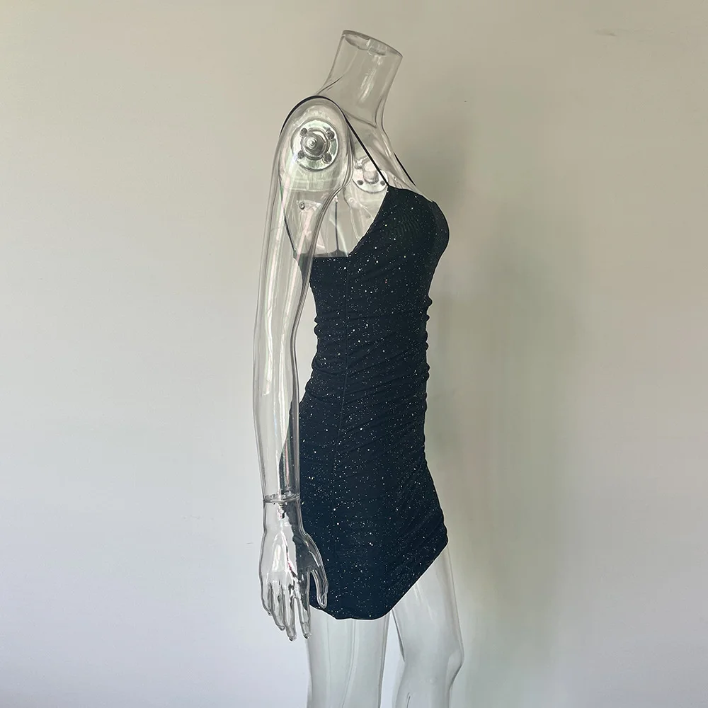 Sequins Backless Mini Dress Robe Spaghetti Strap Sleeveless Ruched Party Short Dress Vestido - Image 10