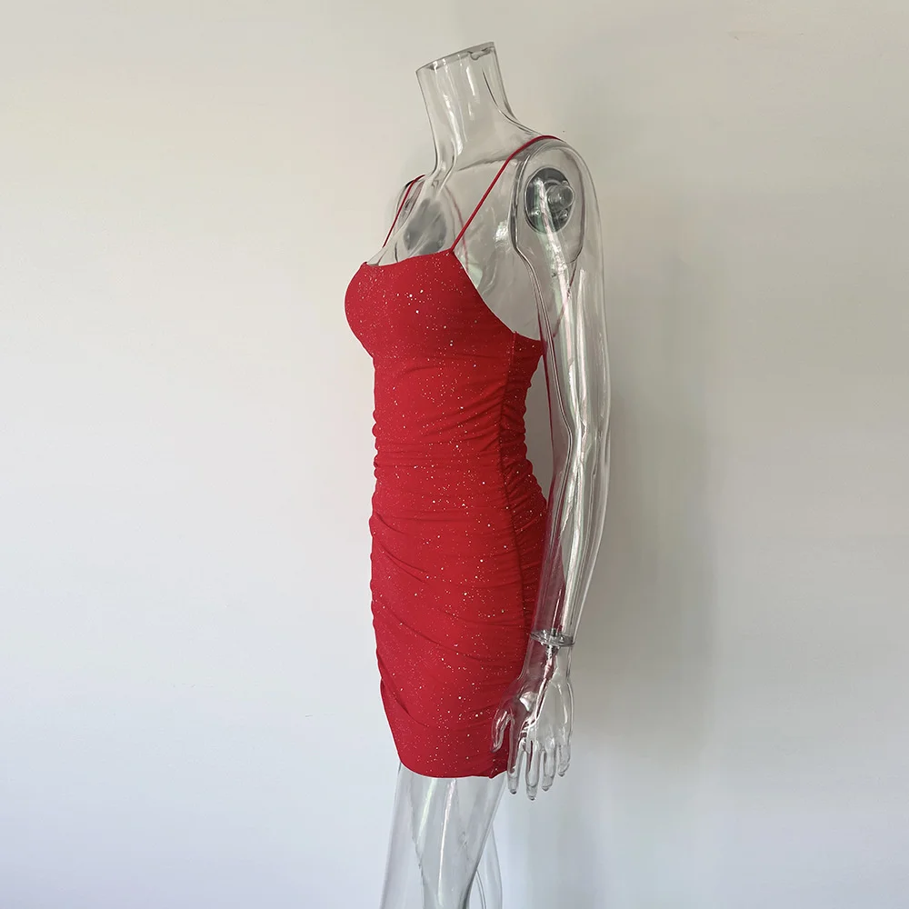 Sequins Backless Mini Dress Robe Spaghetti Strap Sleeveless Ruched Party Short Dress Vestido - Image 5