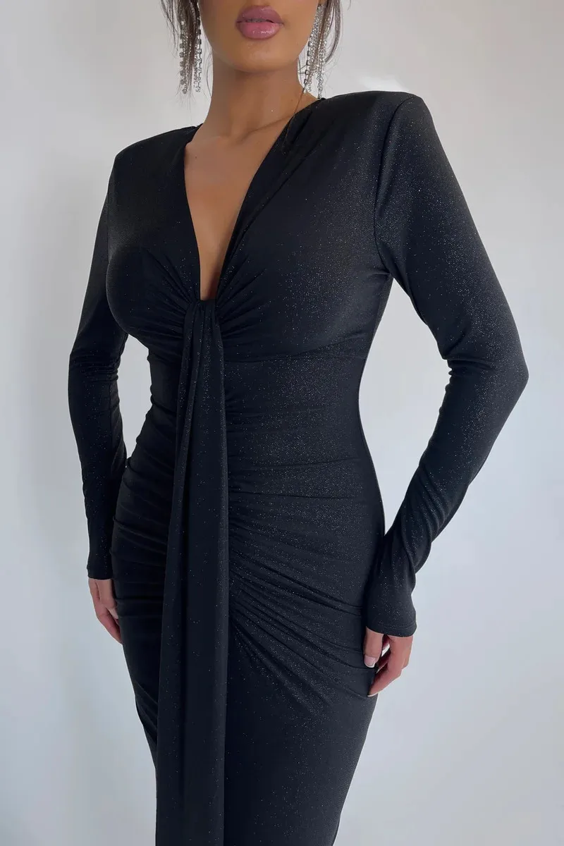 Sparkle Maxi Dress V Neck Long Sleeve Bodycon High Split Ruched Club Party Long Dress - Image 9