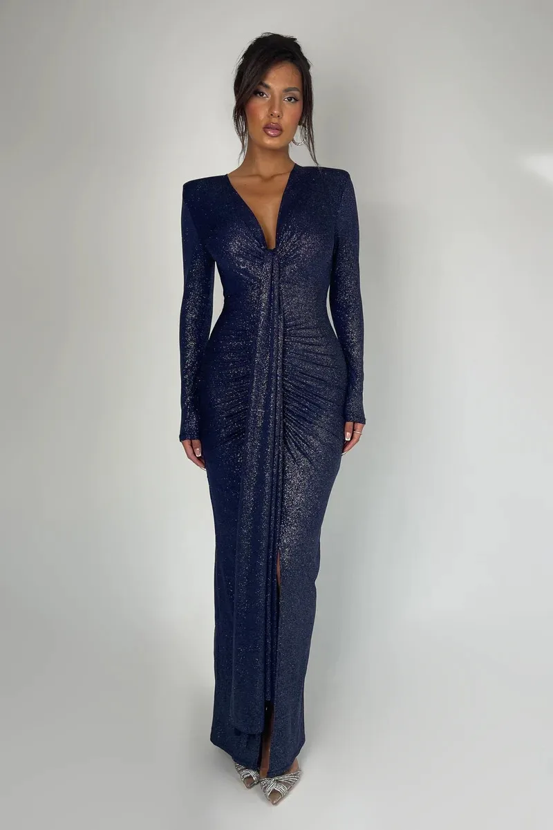Sparkle Maxi Dress V Neck Long Sleeve Bodycon High Split Ruched Club Party Long Dress - Image 7