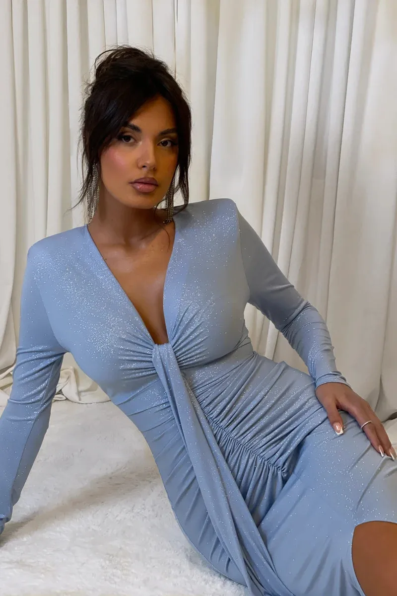 Sparkle Maxi Dress V Neck Long Sleeve Bodycon High Split Ruched Club Party Long Dress - Image 15
