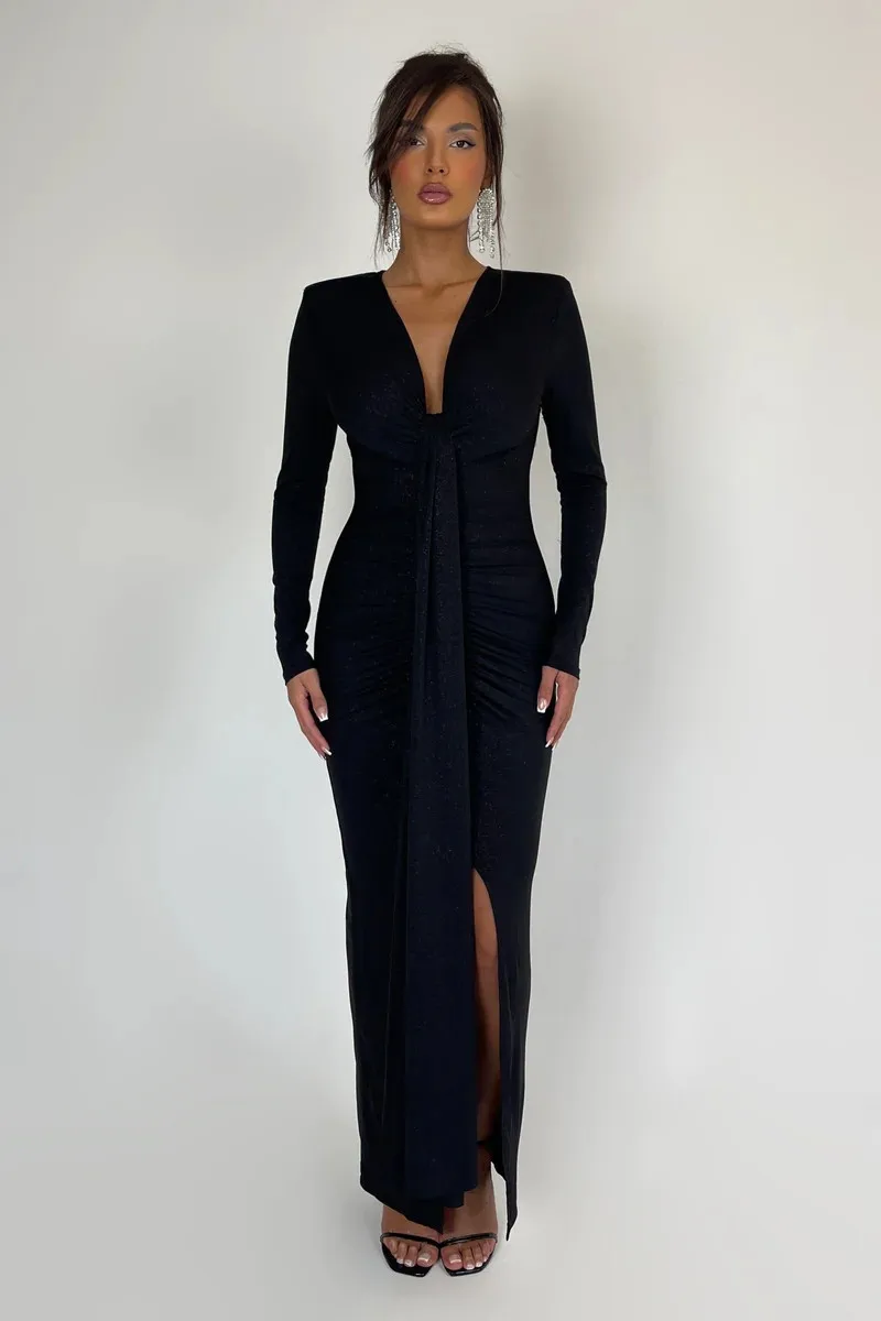 Sparkle Maxi Dress V Neck Long Sleeve Bodycon High Split Ruched Club Party Long Dress - Image 12