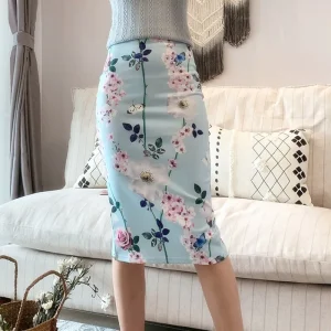 Elegant Floral Print Pencil Long Skirt Office Skirts High Waist Slim Bodycon Skirt