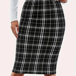 Fashion Plaid Printed Knee Length Skirts High Waist Back Zip Up Pencil Skirts Elegant Midi Skirts