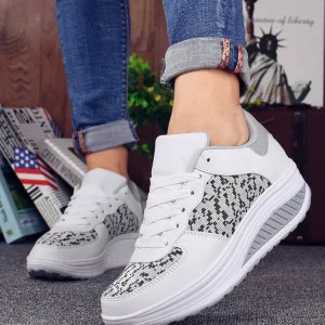 Fashion Plus Swing Platform Lace-up Wedge Sneakers Breathable Mesh Casual Running Shoes
